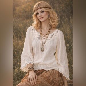 Vintage Ms. Paquette-!” 70’s /80’s cream color gauze top - 1/2 batwing sleeve